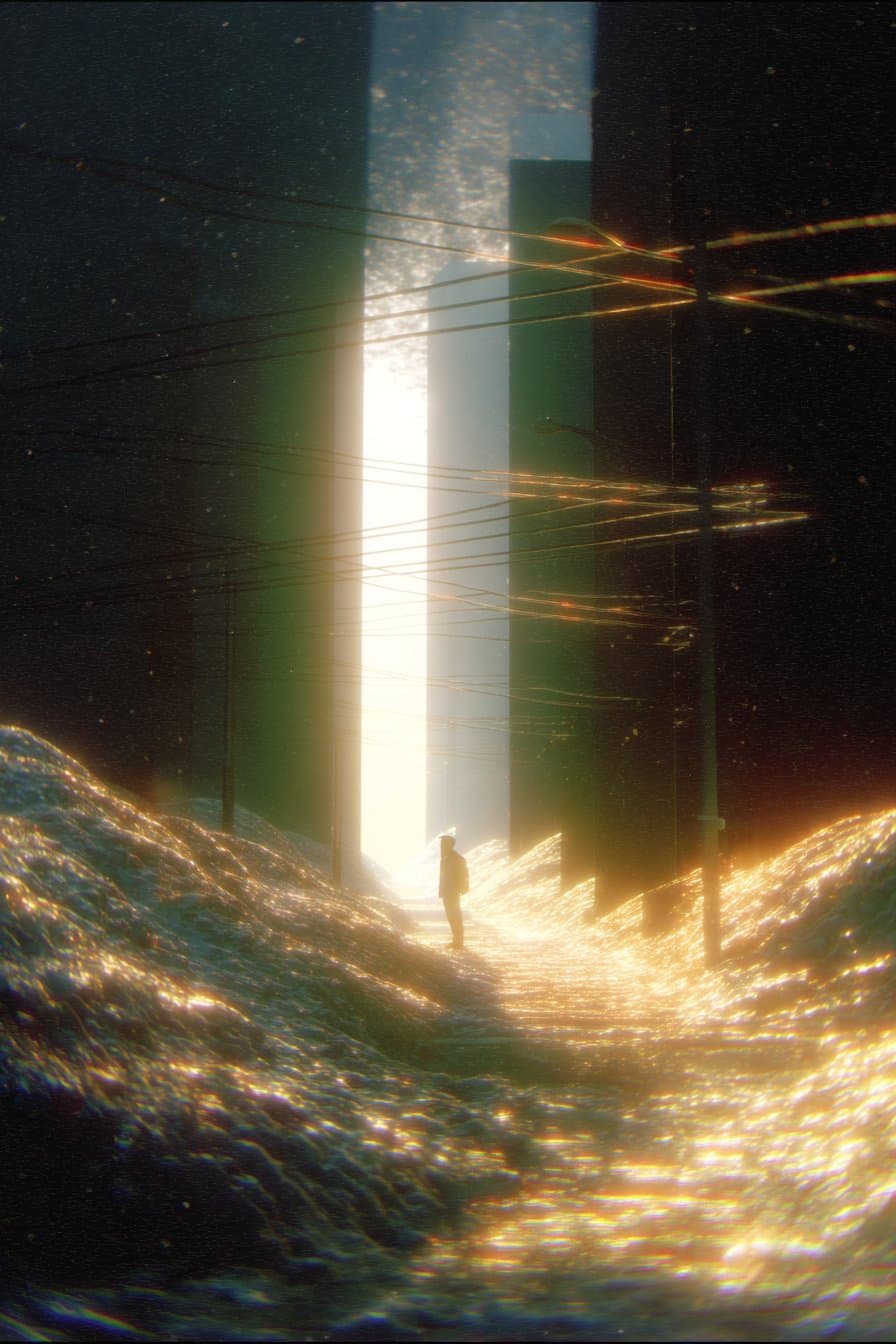 A figure walking between towering monoliths toward a bright light, surrounded by flowing golden particles